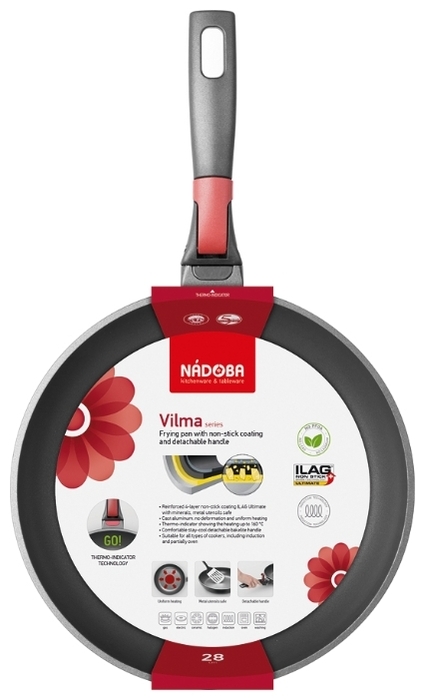 Nadoba Vilma 728216 28 см - особенности: мытье в посудомоечной машине, съемная ручка, использование в духовке, ненагревающаяся ручка