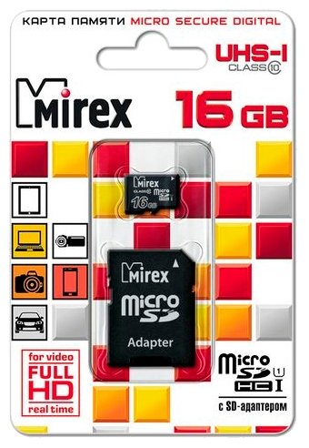 Mirex microSDHC Class 10 UHSI U1 + SD adapter - поддержка UHS: UHS Class 1, UHS-I