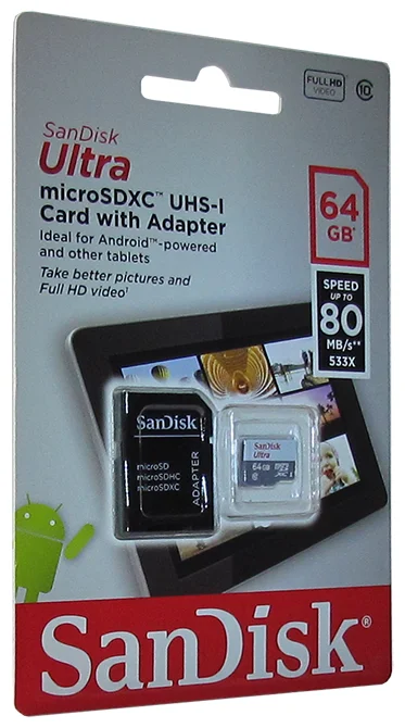 SanDisk Ultra microSDXC Class 10 UHS-I 80MB/s + SD adapter - скорость обмена данными: 533x