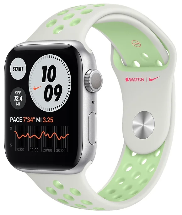 Apple Watch Series 6 GPS 44мм Aluminum Case with Nike Sport Band - датчики: акселерометр, гироскоп, высотомер, пульсометр с постоянным измереним пульса