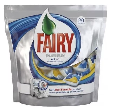 Fairy Platinum All in 1 - назначение: для устранения запаха, для мытья посуды, для придания блеска, для стекла, для мытья в холодной воде, для защиты от накипи, для серебра, фарфора и посуды с росписью