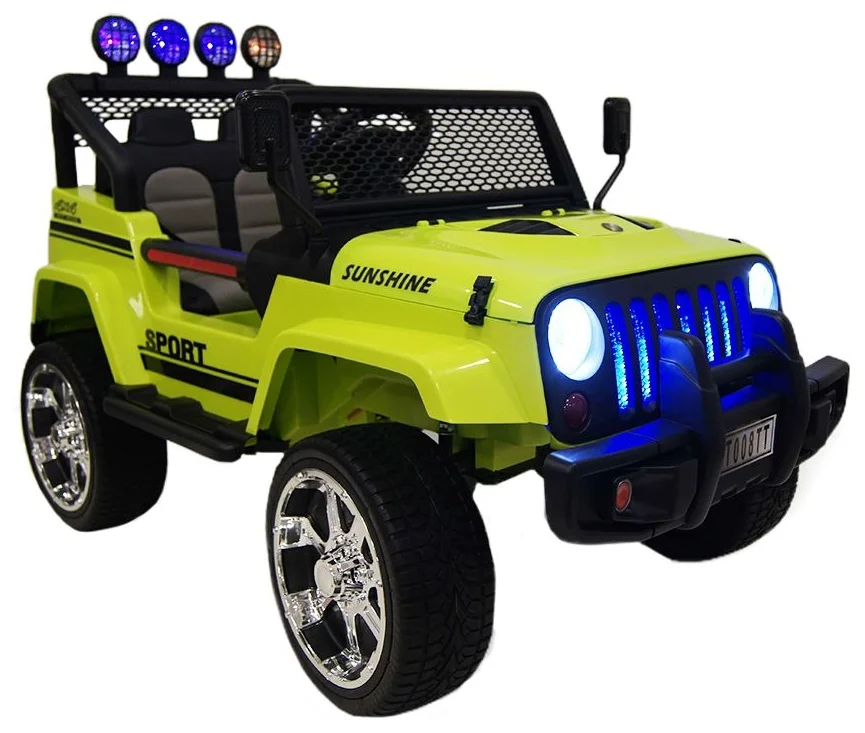 RiverToys Jeep T008TT - комплектация: боковые зеркала заднего вида, клаксон, амортизаторы, багажник, ремни безопасности, педаль газа, пульт ДУ
