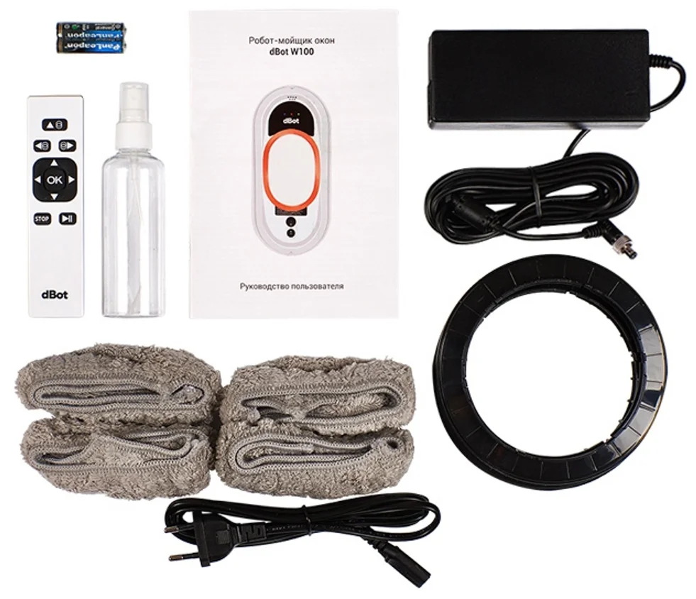 DBot W100 - комплектация: пульт ДУ, страховочный шнур, удлинитель сетевого шнура, адаптер питания