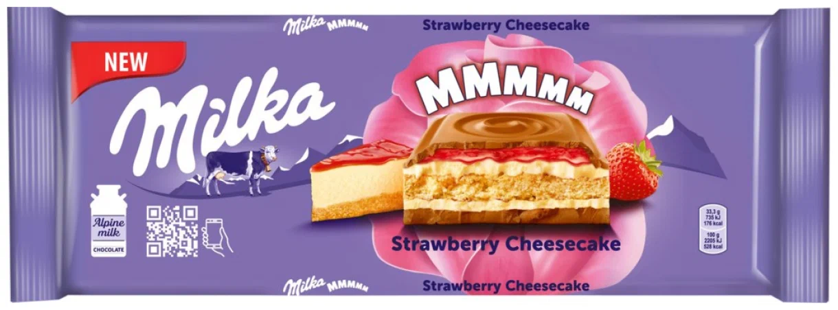 Milka "Со вкусом чизкейка, клубничной начинкой и печеньем" - начинка: клубничная