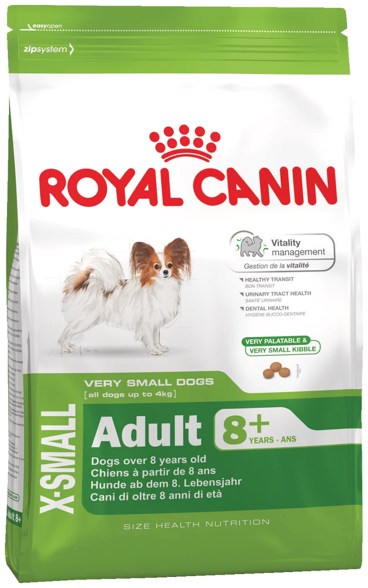 Royal Canin "X-Small Adult 8+" - особые потребности: при чувствительном пищеварении, для ухода за ротовой полостью, для профилактики МКБ