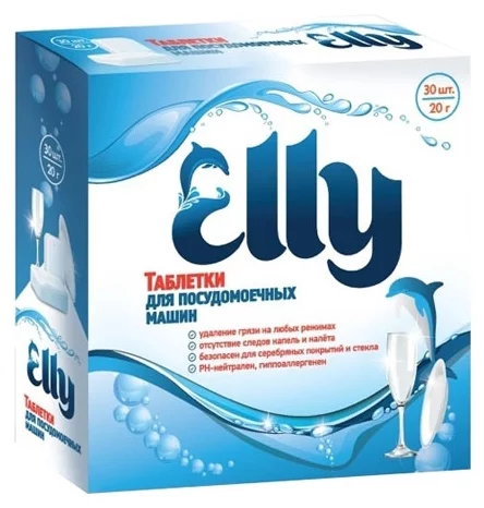 ELLY - назначение: для мытья посуды, для придания блеска, для стекла, для мытья в холодной воде, для защиты от накипи, для нержавеющей стали, для серебра, фарфора и посуды с росписью