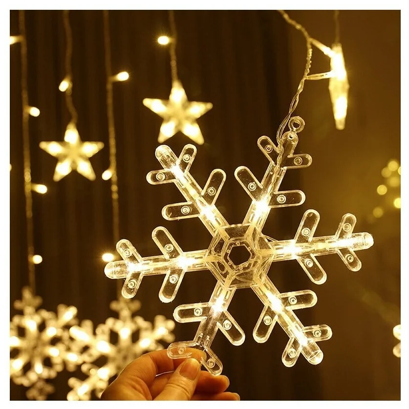 Звездочки и снежинки, теплый белый свет, 3 метра - длина: 300 см