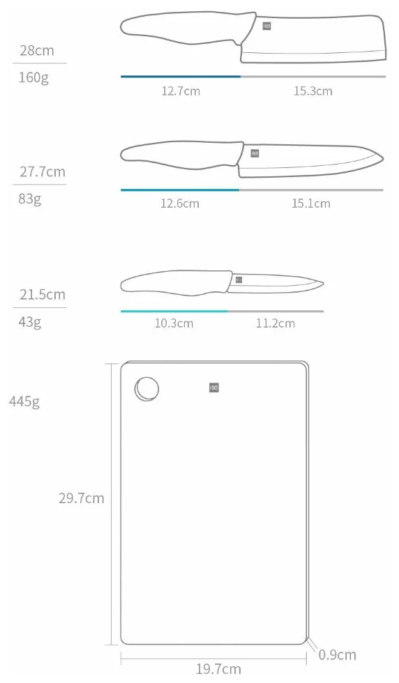 Xiaomi Hot ceramic HU0020, 3 ножа и доска - аксессуары в наборе: разделочная доска