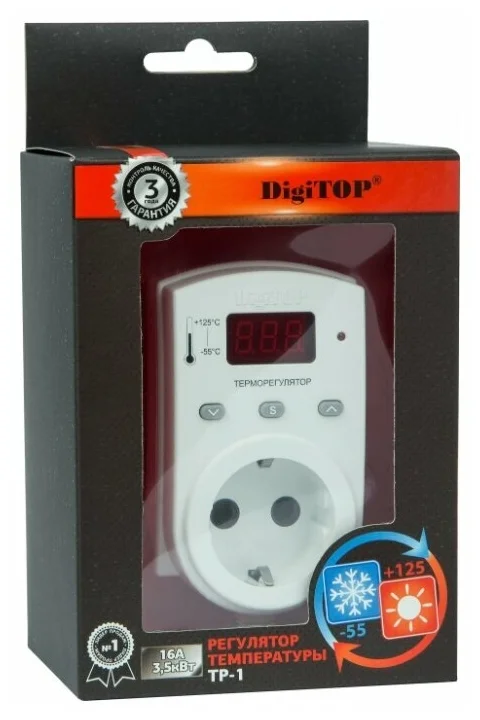 Digitop ТР-1 (2 м) - терморегулятор DIGITOP TP-1 с цифровой индикацией прменяется для поддержания и контроля постоянной температуры для таких включенных в розетку устройств, как инфракрасные обогреватели, конвекторы, вентиляторы, тепловые пушки.