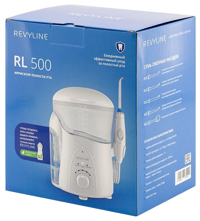 Revyline RL500 - насадки: для струйной чистки, для чистки языка, пародонтологическая (для десен), ортодонтическая (для брекетов), для чистки имплантов и коронок