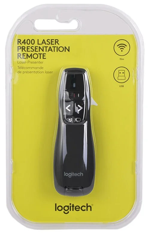 Logitech Presenter R400 - особенности: индикатор заряда батареи, отсек для USB ресивера, чехол