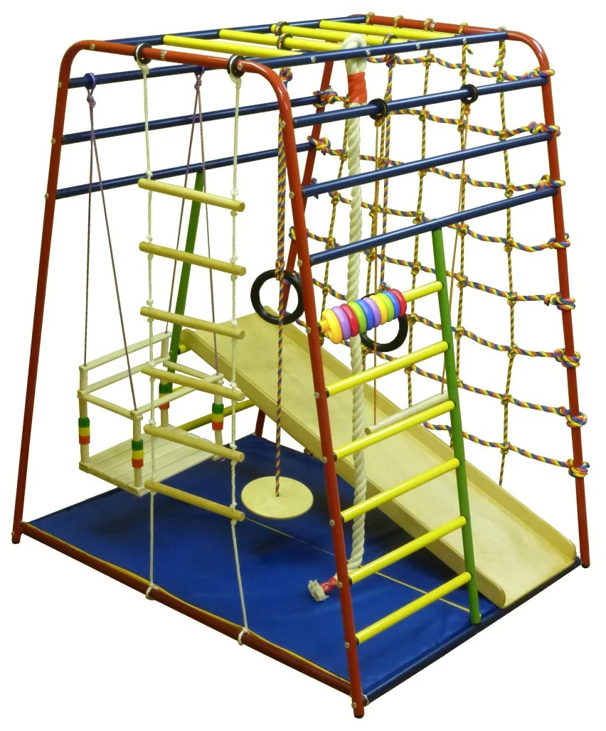 Вертикаль "Веселый малыш NEXT" (горка фанерная) - комплектация: гимнастические кольца, турник, лестница, трапеция, сетка для лазания, веревочная лестница, канат, рукоход, тарзанка, качели