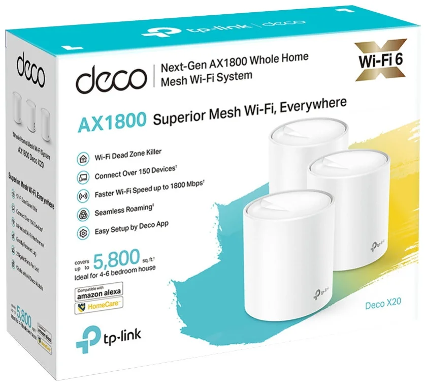 TP-LINK Deco X20 (3-pack) - стандарт Wi-Fi 802.11: b (Wi-Fi 1), a (Wi-Fi 2), g (Wi-Fi 3), n (Wi-Fi 4), ac (Wi-Fi 5), ax (Wi-Fi 6)