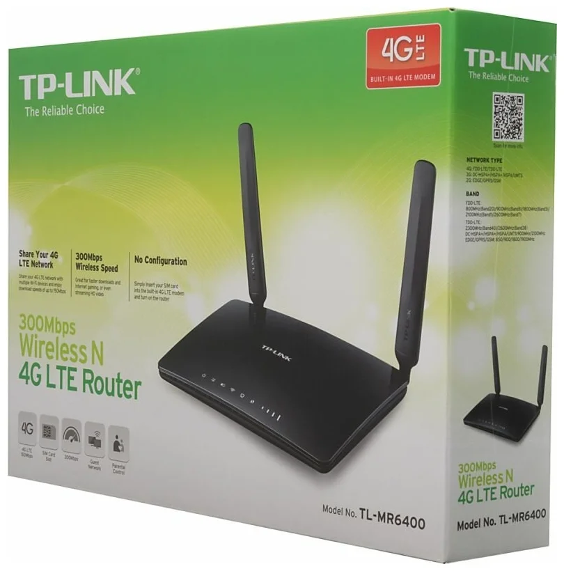 Wi-Fi TP-LINK TL-MR6400 - встроенная поддержка SIM-карт: 4G LTE, 3G