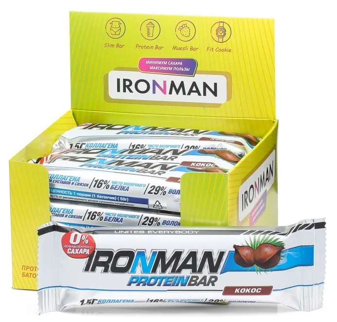 IRONMAN Protein Bar с коллагеном без сахара, 50 г, 12 шт. - основные ингредиенты: протеин