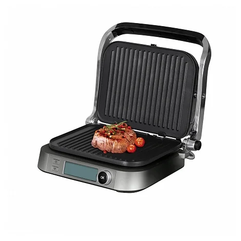 REDMOND SteakMaster RGM-M816P - особенности: антипригарное покрытие, регулировка высоты верхней панели, поддон для сбора жира, контактный гриль, решетка