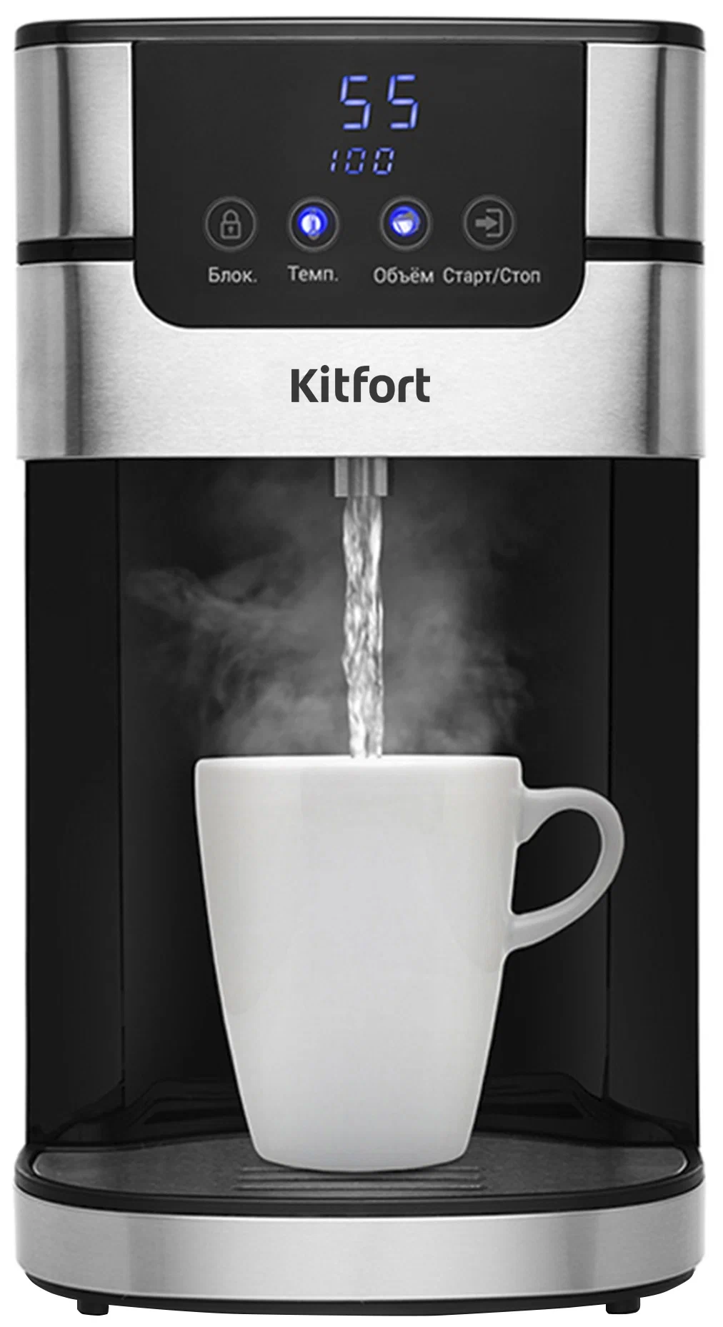 Kitfort KT-2501 - особенности: двойные стенки, индикатор уровня воды, индикация включения, дисплей, сенсорное управление